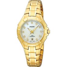 Pulsar Gold Tone Crystal And Mother-Of-Pearl Watch - Made With