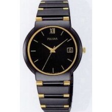 Pulsar Men`s Watch W/ Ticn Finish & Round Black Dial & Gold Accent