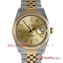 Rolex Men's Datejust Two Tone 16233 Champagne Stick Dial Fluted Bezel