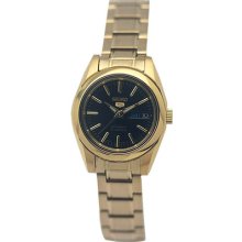 Seiko Symk22 Women's Watch Seiko 5 Gold Tone Black Dial Day And Date