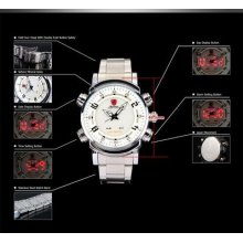 Shark Led Digital Date Dial Stainless Steel Quartz Men Sport Watch Koo