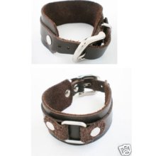 Silver Alloy Cuff Brown Mens Leather Bracelet Wristband