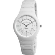 Skagen Stunning Beautiful White Ceramic Women's Watch W/ Date Adjustable Links