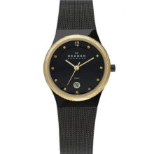 Skagen Twisted Topring Gold Tone Black Mesh Womens Watch 880lbbg