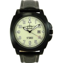 Skytimer Mens Automatic Pilot Stainless Watch - Black Leather Strap - Green Dial - SKY507545433