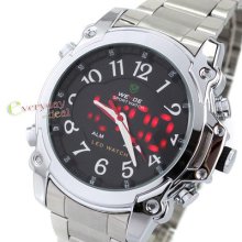 Sports High Quality Mens Watch Steel Alm Led Dual Display Quartz Date Gent