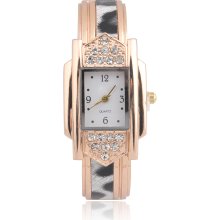 Stainless Steel Case Lady Quartz Bracelet Watch Leopard Grain Slim