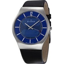 Stainless Steel Case Leather Bracelet Blue Tone Dial Solar