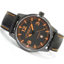 Stuhrling Original Men's Tuskegee Flier Automatic Leather Strap Watch BLACK / ORANGE