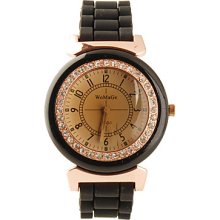 Stylish Silicone Band Quartz Round Crystal Lady's Wrist Watch - Black