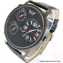 Unique Mens Designer Black Oversized Big Watch Multi Time Triple Dials Gents