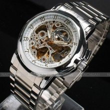 Us+tracking Ks Skeleton Mechanical Stainless Steel White Men Sport Watch Gift