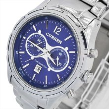 Water Men's Date Quartz Hours Stainless Steel Sports Wriste Watch Blue Dial