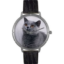 Whimsical Watches Women s Russian Blue Cat Quartz Black Leather Strap Watch