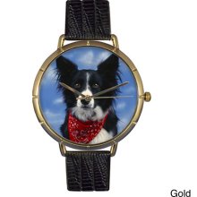 Whimsical Women's Border Collie Photo Leather Strap Watch (Gold)