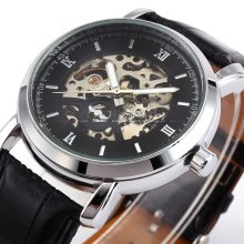 White/black Skeleton Dial Mens Automatic Mechanical Dress Leather Analog Watch