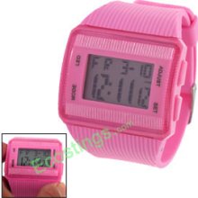 Wide Band Pink Plastic Water Resist Digital Wristwatch