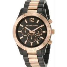 Women's Black Ceramic Link Bracelet Quartz Chronograph Two Tone Crystal