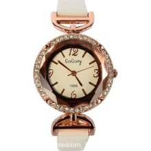 Women's Retro Vintage Rhinestone Rose Gold Analog Watch White