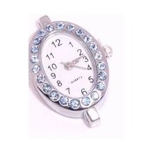 1 - Silver Tone - light Blue Crystal - Oval Quartz Watch Face