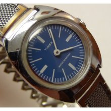 1970' Timex Ladies Silver Blue Dial Watch - Excellent Condition - Unique and Rar