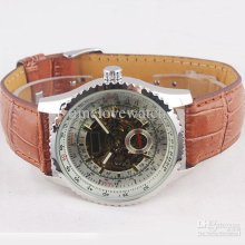 1pcs Selling Skeleton Dial Dual-second Brown Leather Automatic Mecha