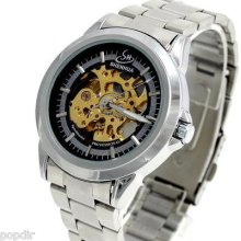 2013 Trendy Skeleton Auto-mechanical Men's Stainless Steel Sport Wrist Watch Xm