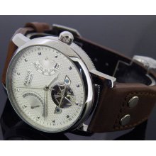 44mm Brown Strap Parnis White Dial Rugged Dial St2505 Automatic Rivet Watch 294i