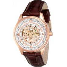 $495 Akribos Xxiv Men's Ak410 Saturnos Skeleton Automatic Gold Round Brown Watch