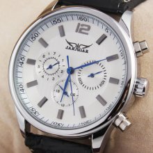 6 Blue Hand 3 Small Dials Elegant White Face Mens Automatic Wristwatch Grace Hq