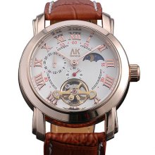 Ak-homme Brown Leather Moon Phase Mens Mechanical Wrist Watch