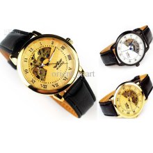 Automatic Mechanical Watches For Men Black Leather Straps Unique Gol