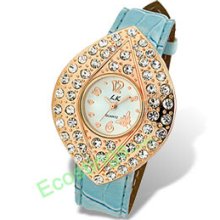 Baby Blue Leather Leaf Shaped Shiny Dial Rhinestone Lady's Watch