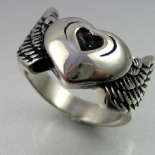 Biker Mens Black Silver Stainless Steel Wings Heart Angel Ring