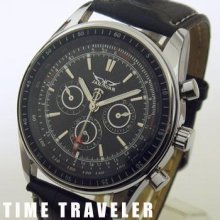 Black 6 Hands Automatic Mechanical Leather Wrist Watch