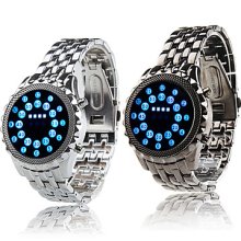 Blue LED Couple Mirror with Watches Black and Silver Metal Strap