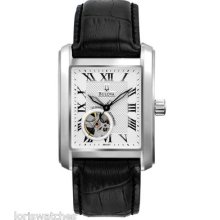 Bulova 96a127 Men's Automatic Watch With Open Dial And Black Leather Strap