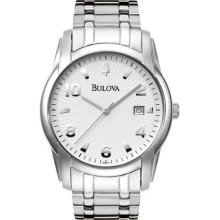 Bulova 96B014 Mens Calendar Bracelet Watch White Dial Fold Over Clasp Japanese Quartz Movement