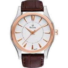 Bulova Mens Two-Tone Dress Watch White/Silver Dial Brown 98A119