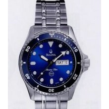 Bulova Stainless Steel Watch W/ Rotating Bezel & Blue Dial