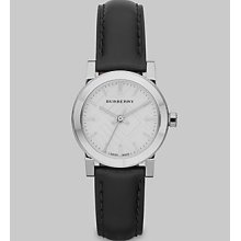 Burberry Ladies Black Leather Strap White Dial Watch Bu9206