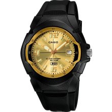 Casio Mens Calendar Date Watch w/Round Black Case, Goldtone Dial and Black Band