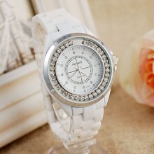 Ceramic Strap Flowing Shiny Crystal Dial Quartz Women Gorgeous Watch W3726 R