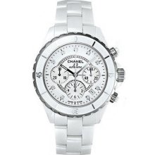 Chanel J12 Chronograph White Ceramic 41 MM Diamond Dial Watch - H2009