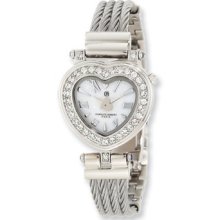 Charles Hubert Stnlss Stl Wire Bangle White Mop Heart Dial Watch Xwa4306