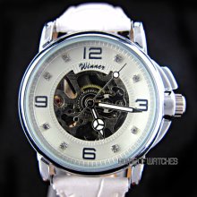 Charm Women Hollow Skeleton Automatic Mechanical White Strap Wrist Watch Gift