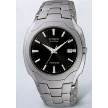 Citizen Eco Drive Men`s Silver Titanium Bracelet Watch W/ Black Dial