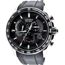 Citizen Men's Atomic Black Stainless Steel Black Dial Eco-Drive Chronograph Perpetual Calendar Sapphire Rubber Strap AT4008-01E