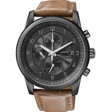 Citizen Men's Eco-Drive Stainless Steel Case Chronograph Black Dial Date Display Brown Leather Strap CA0335-04E