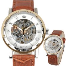 Classic Hand-winding Skeleton Steel Brown Leather Men Mechanical Watch+gift Box